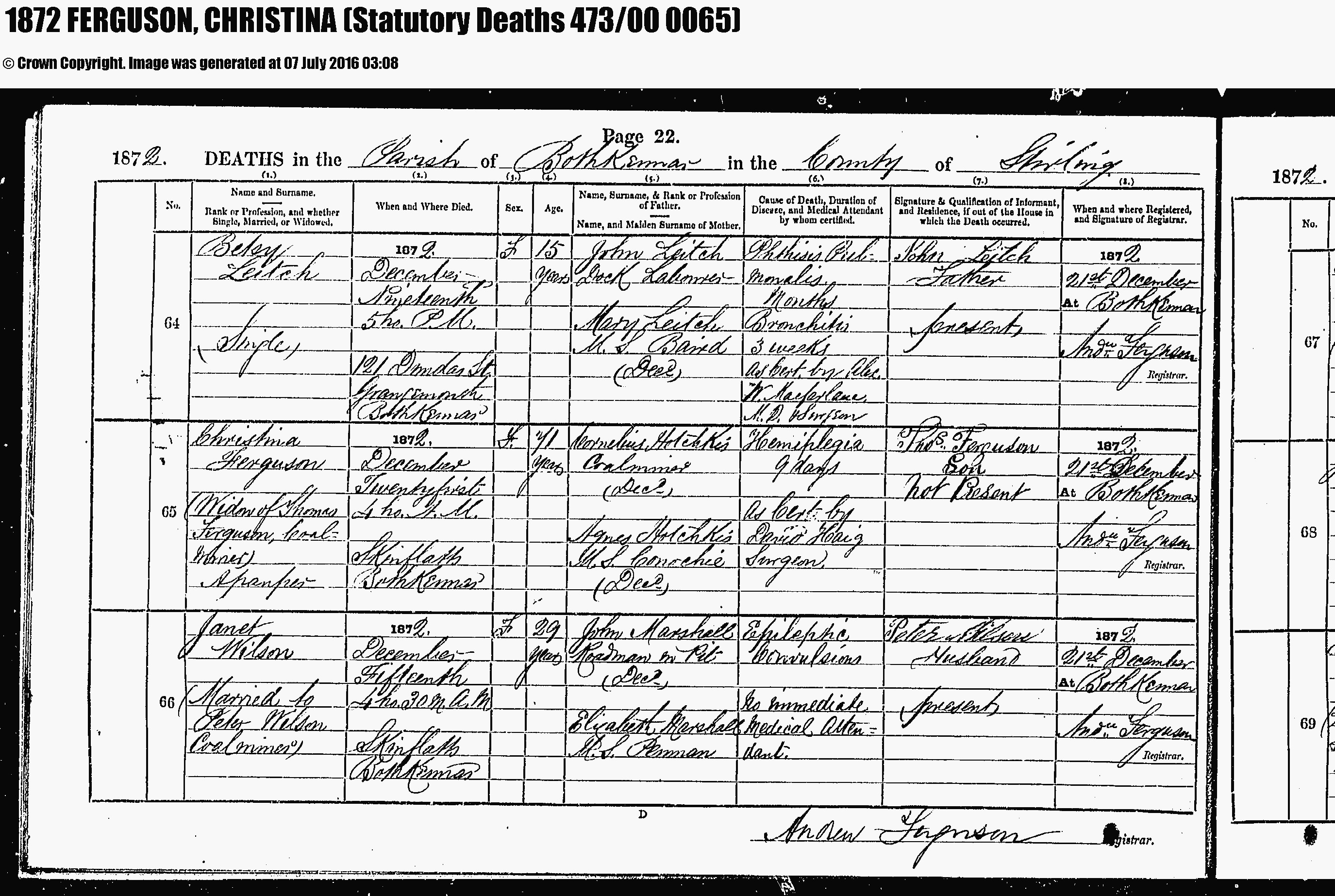 Christina Hotchkis Ferguson Death, December 21, 1872